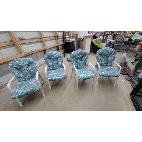 Set of Four Vintage White Aluminum Patio Chairs with Teal Floral Tufted Cushions