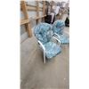 Image 2 : Set of Four Vintage White Aluminum Patio Chairs with Teal Floral Tufted Cushions