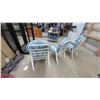 Image 5 : Set of Four Vintage White Aluminum Patio Chairs with Teal Floral Tufted Cushions