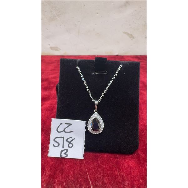 Platinum-Plated 2.0 Carat Pear-Cut Black Cubic Zirconia Double Halo Necklace, Adjustable 16"-18"