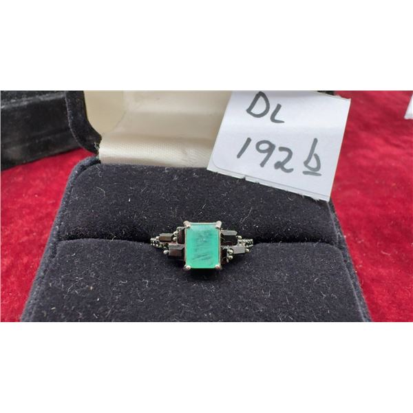 Art Deco-Inspired Earth Minded Emerald Style Ring with Black and Clear Accent Gemstones