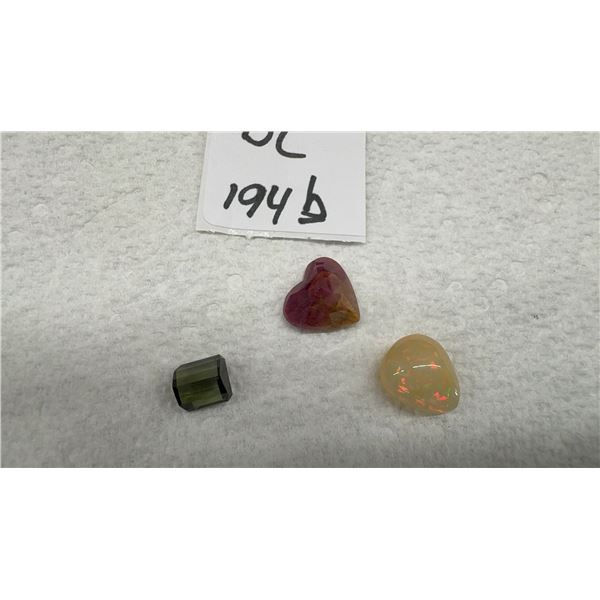 Natural Unheated Green Tourmaline, Purplish Red Heart Shaped Ruby, and Pear Cabochon Natural Opal