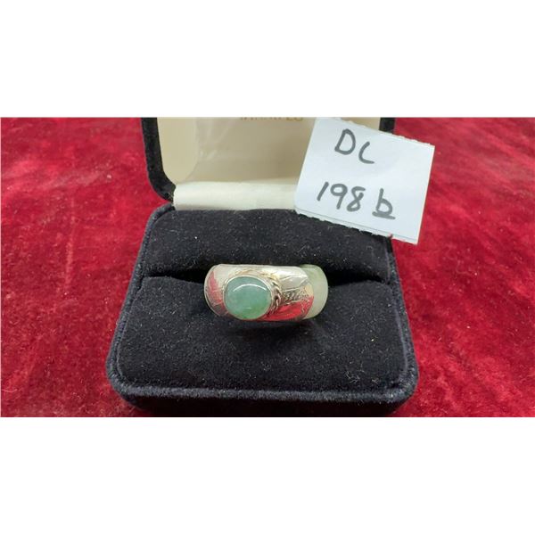 Carved Earth Minded Jade Band Ring with Sterling Silver Setting and Oval Green Jade Cabochon, Sz 8.