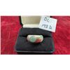 Image 1 : Carved Earth Minded Jade Band Ring with Sterling Silver Setting and Oval Green Jade Cabochon, Sz 8.