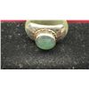 Image 3 : Carved Earth Minded Jade Band Ring with Sterling Silver Setting and Oval Green Jade Cabochon, Sz 8.