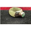 Image 4 : Carved Earth Minded Jade Band Ring with Sterling Silver Setting and Oval Green Jade Cabochon, Sz 8.