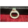 Image 5 : Carved Earth Minded Jade Band Ring with Sterling Silver Setting and Oval Green Jade Cabochon, Sz 8.