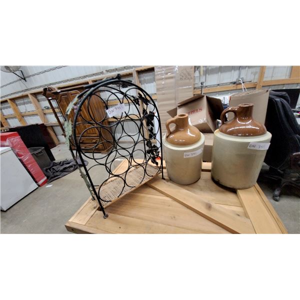 Two Stoneware Jugs and Decorative Wrought Iron Grapevine Wine Rack with Wicker Shelf