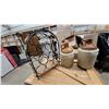 Image 1 : Two Stoneware Jugs and Decorative Wrought Iron Grapevine Wine Rack with Wicker Shelf