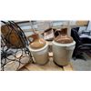 Image 2 : Two Stoneware Jugs and Decorative Wrought Iron Grapevine Wine Rack with Wicker Shelf