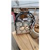 Image 4 : Two Stoneware Jugs and Decorative Wrought Iron Grapevine Wine Rack with Wicker Shelf