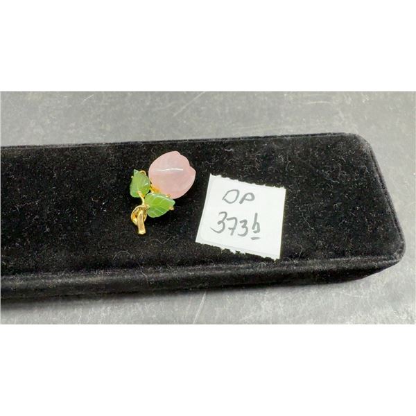 10k Gold Pendant, Rose Quartz and Jade Leaf