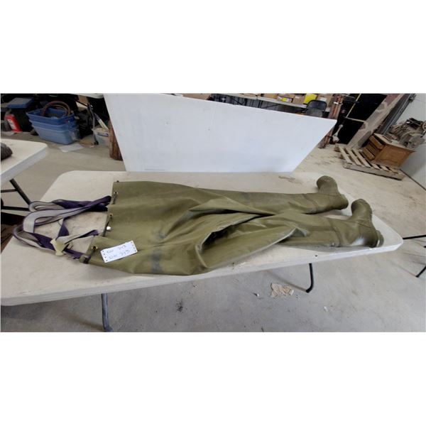 Olive Green Rubber Bootfoot Chest Waders with Suspenders, Size 9 Two Sets