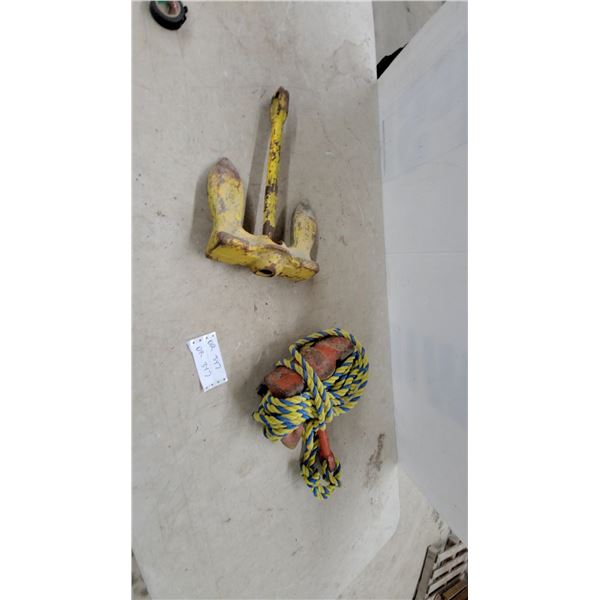 Yellow Danforth-Style Fluke Anchor and River Anchor with Rope