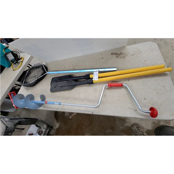 Manual Ice Auger Appears New with Red Handle, Kayak Paddle, and Fishing Landing Net