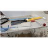 Image 3 : Manual Ice Auger Appears New with Red Handle, Kayak Paddle, and Fishing Landing Net