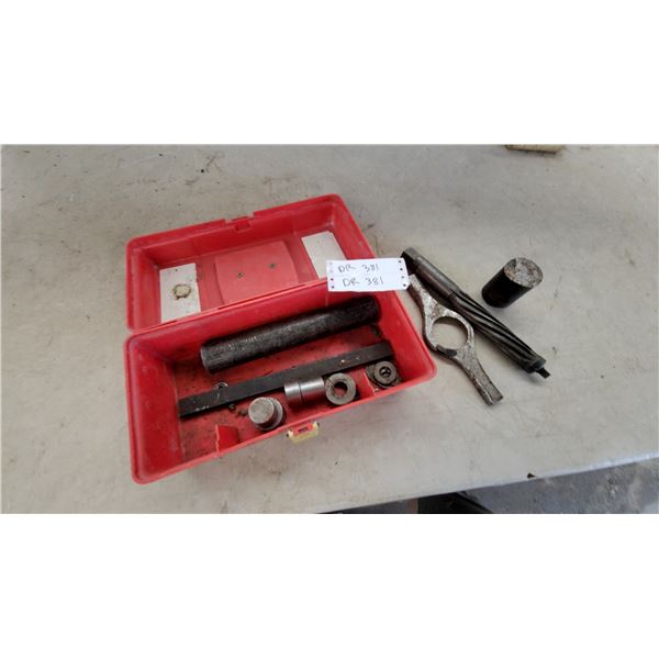 Spiral-Fluted Reamer with Y-Shaped Wrench, Cylindrical Fittings, and Red Plastic Tool Box