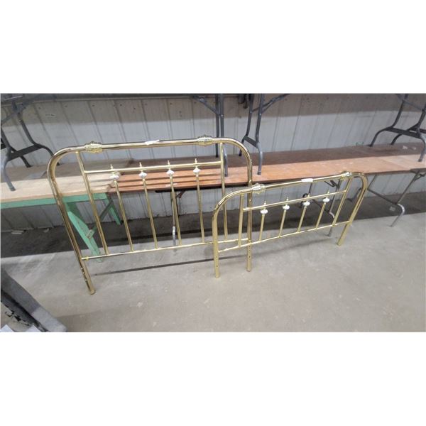 Brass-Plated Metal Bed Frame Headboard and Footboard with Porcelain Floral Finials