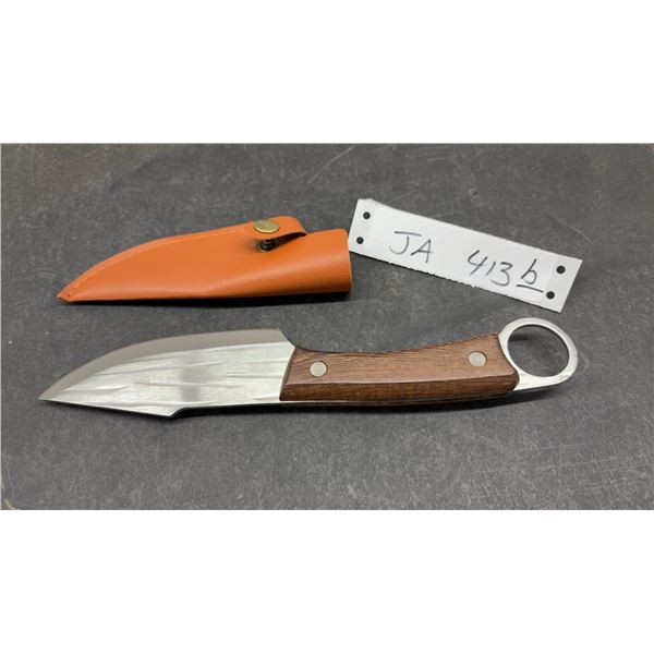 Fixed Blade Knife with Wood Handle, Finger Ring Pommel, and Leather Sheath, 9"