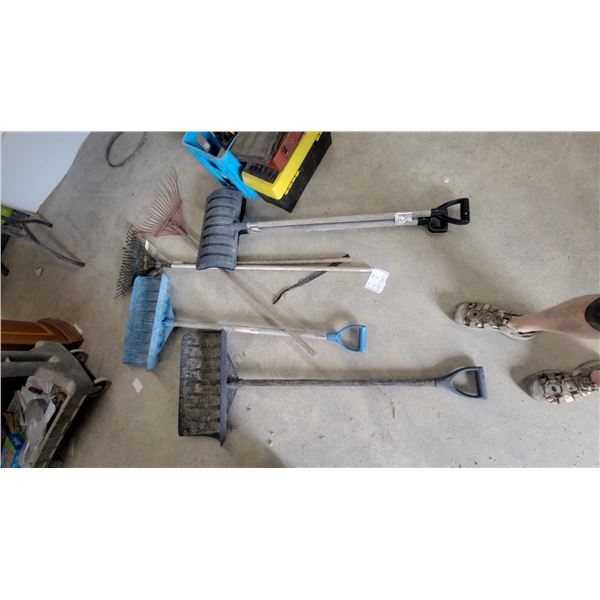 Dual-Handle Snow Pusher, Snow Shovels, and Metal Leaf Rakes