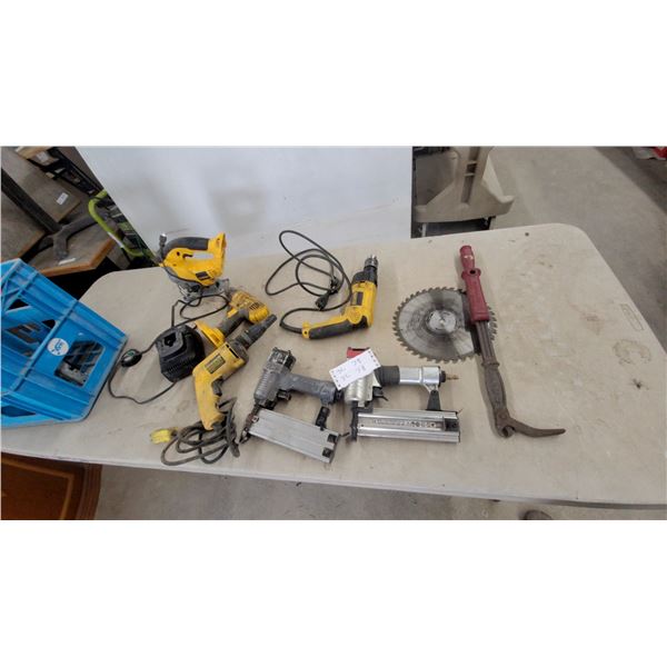 DeWalt Corded 3/8" Drill, Two Pneumatic Finish Nailers, Saw Blade, Wrench, and More