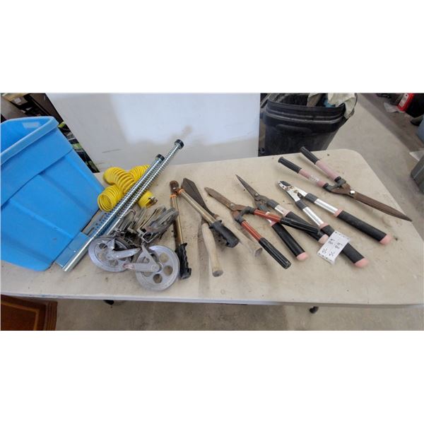 Lot of Cloths Line Pulleys, Hedge Shears, Loppers, Coiled Air Hose, and More