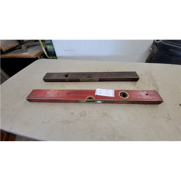 Two Vintage Wooden Spirit Levels with Brass Fittings, Red Painted and Natural Wood