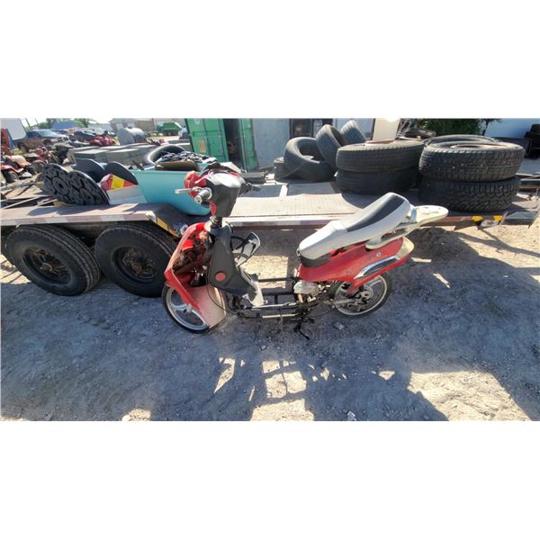 Red 50cc Gas-Powered Scooter, Chinese Model, Silver V-Trim Headlight, Two-Tone Seat