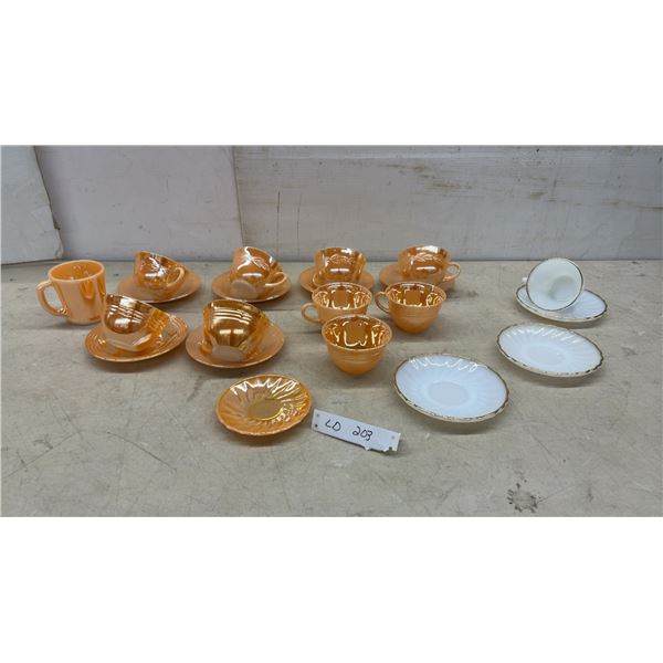 Anchor Hocking Fire-King Shell Pattern Peach Luster and White Gold Trim Cups and Saucers