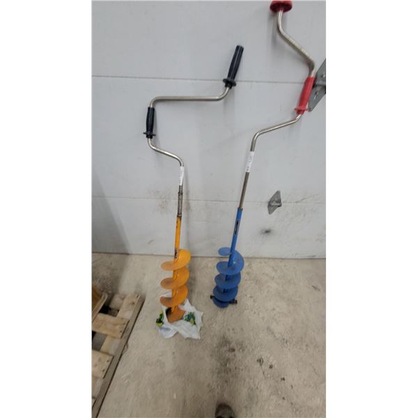 Two Hand-Crank Ice Fishing Augers, Orange and Blue, with Helical Blades and Metal Shafts