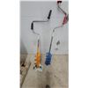 Image 1 : Two Hand-Crank Ice Fishing Augers, Orange and Blue, with Helical Blades and Metal Shafts
