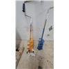 Image 3 : Two Hand-Crank Ice Fishing Augers, Orange and Blue, with Helical Blades and Metal Shafts
