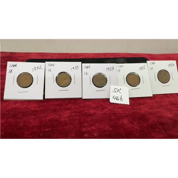 Five Canadian Small Cent Coins, 1932, 1933, 1934, 1935, and 1936