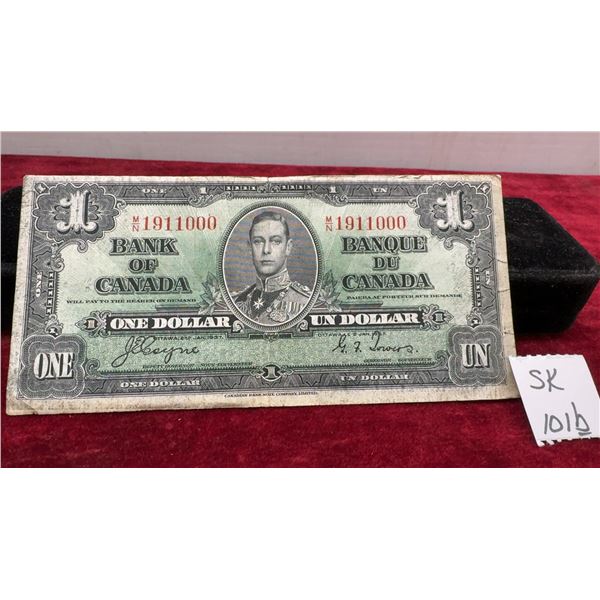 1937 Bank of Canada One Dollar Banknote, King George VI, Milestone Serial Number M/N 1911000