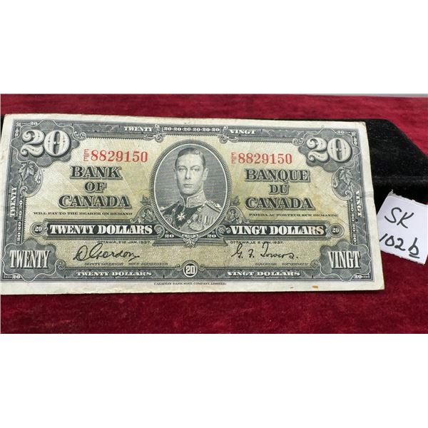 1937 Bank of Canada Twenty Dollar Banknote, King George VI, Serial E/E 8829150