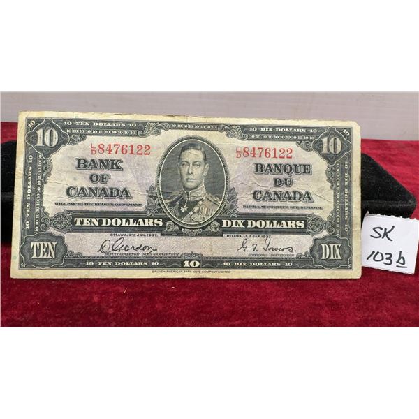 1937 Bank of Canada Ten Dollar Banknote, Serial Number L/D 8476122, Gordon-Towers