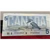 Image 2 : 1986 Bank of Canada Five Dollar Bill, Birds of Canada Series, Laurier Portrait