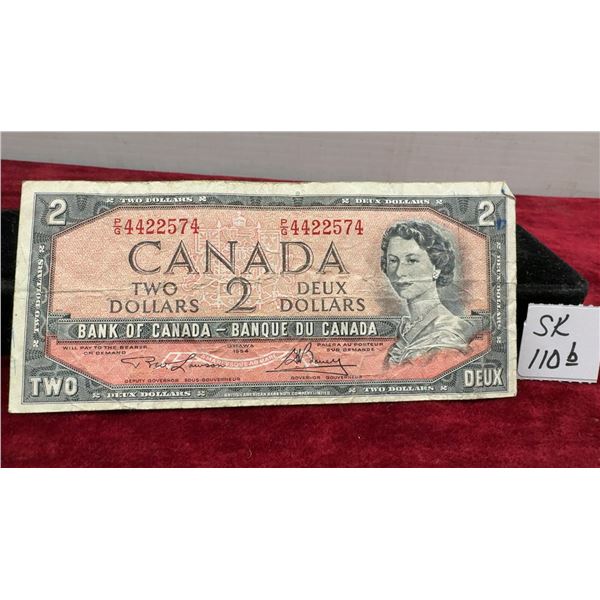 1954 Bank of Canada Two Dollar Banknote, Serial Number P/G 4422574, Lawson-Rasminsky