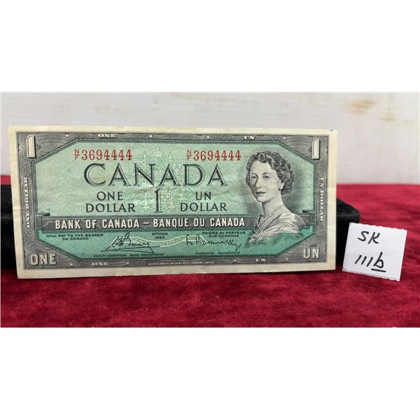 1954 Bank of Canada One Dollar Bill, Serial Number N/F 3694444