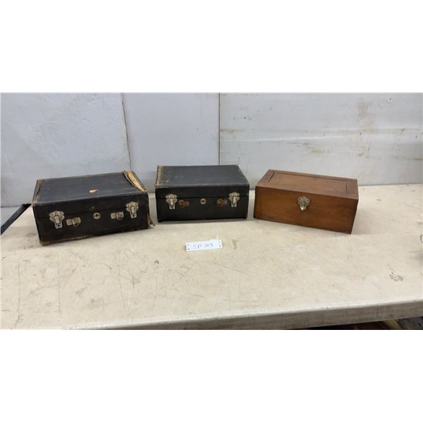 Three Vintage Photographic Slide Storage Cases Including Two Black Cases and One Wooden Box