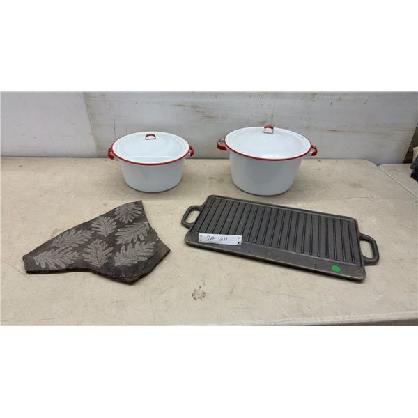 Two White Enamelware Stock Pots with Red Trim and Lids, Cast Iron Griddle, and More