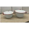 Image 2 : Two White Enamelware Stock Pots with Red Trim and Lids, Cast Iron Griddle, and More
