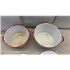 Image 3 : Two White Enamelware Stock Pots with Red Trim and Lids, Cast Iron Griddle, and More