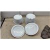 Image 5 : Two White Enamelware Stock Pots with Red Trim and Lids, Cast Iron Griddle, and More