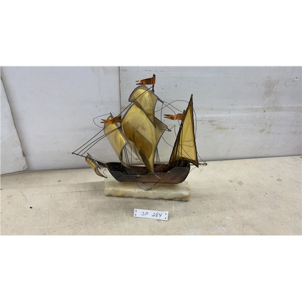 Copper and Brass Sailing Ship Sculpture on Onyx Base by J. Fayott, 17 x 18 x 8"