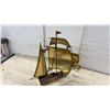 Image 2 : Copper and Brass Sailing Ship Sculpture on Onyx Base by J. Fayott, 17 x 18 x 8"