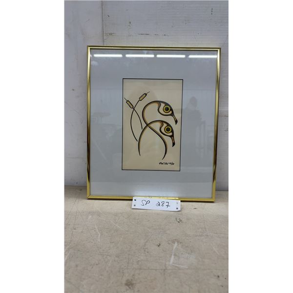 Robert Kakegamic Ojibway Woodland Style Stylized Birds 1981 Framed Print, 14 x 12"