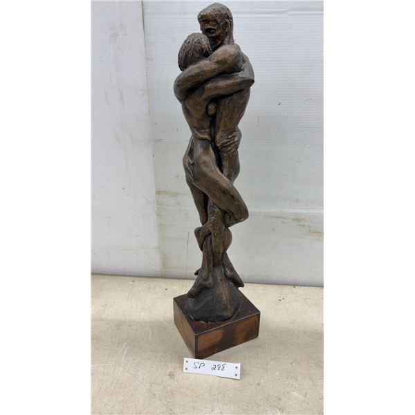 Bronze-Finish Sculpture of Embracing Couple on Wooden Base, 25" Tall