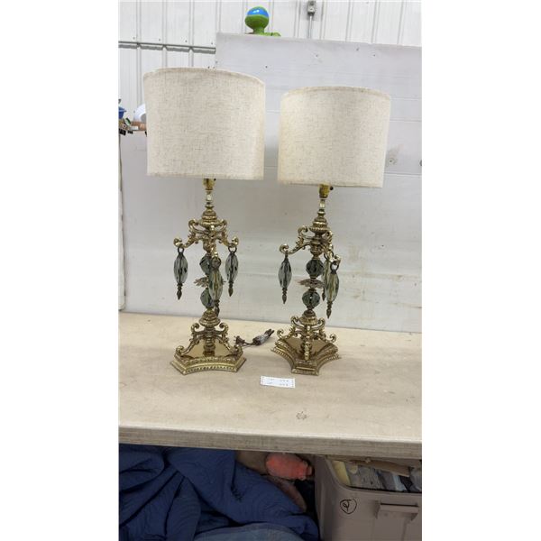 2 Mid Century Modern Table Lamps with Ornate Brass, Smoky Crystal Drops and Drum Shades, 33" High