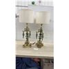 Image 1 : 2 Mid Century Modern Table Lamps with Ornate Brass, Smoky Crystal Drops and Drum Shades, 33" High